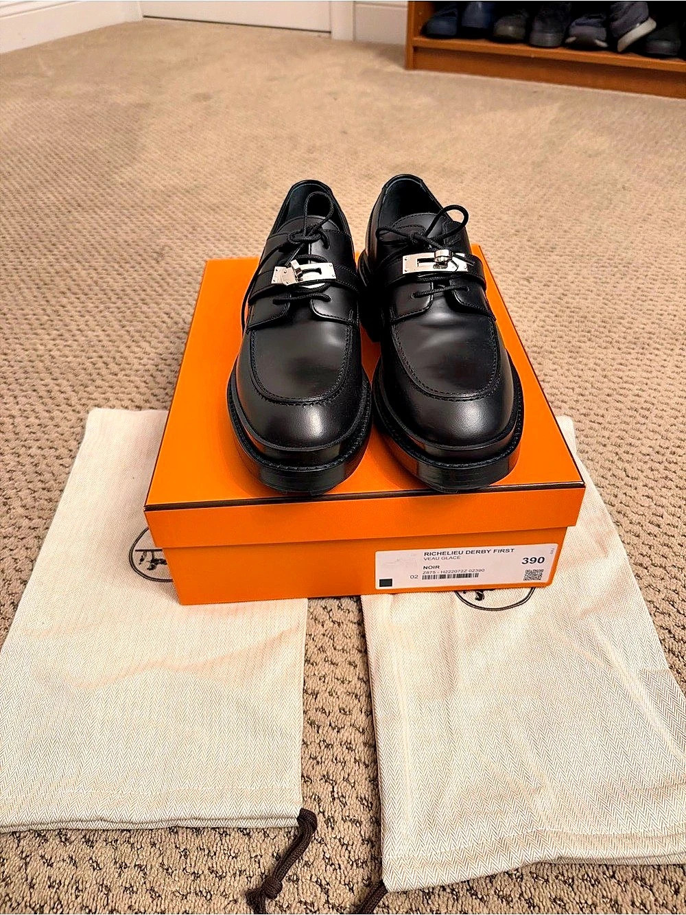 Hermès Richelieu Derby First Veau Glace Black Buckle Shoes US 2 100